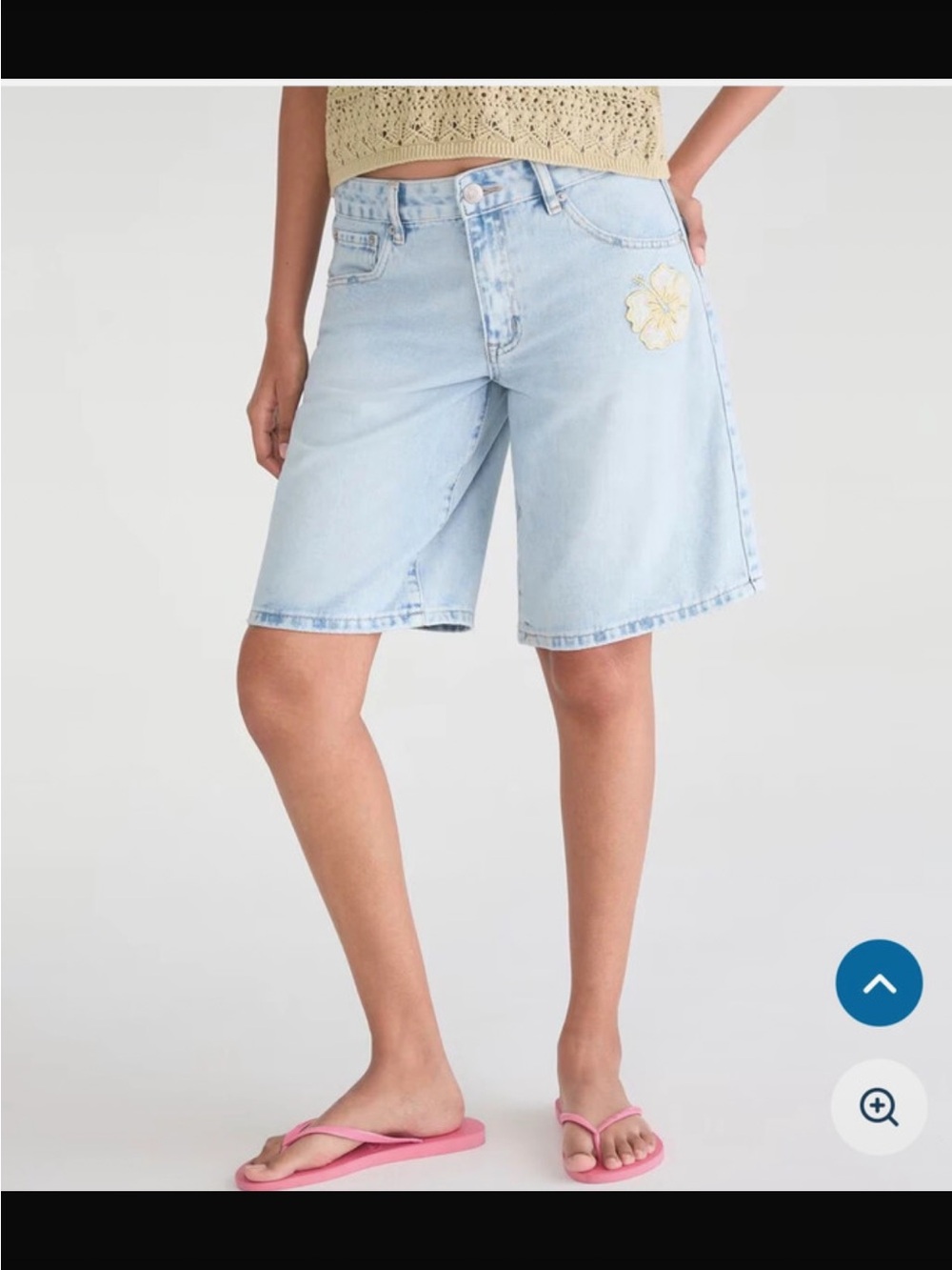Light Wash Denim Bermuda Shorts with Embroidered Flower